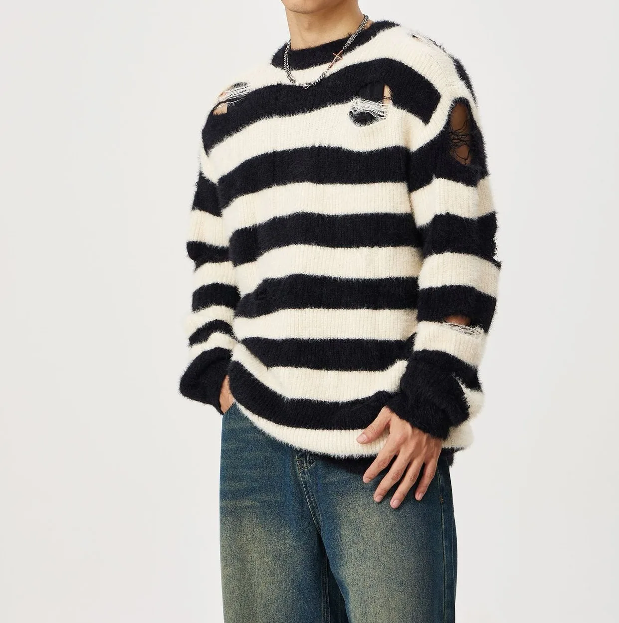 Men's And Women's Same Maychao Striped Round Neck Ripped Pullover Sweater