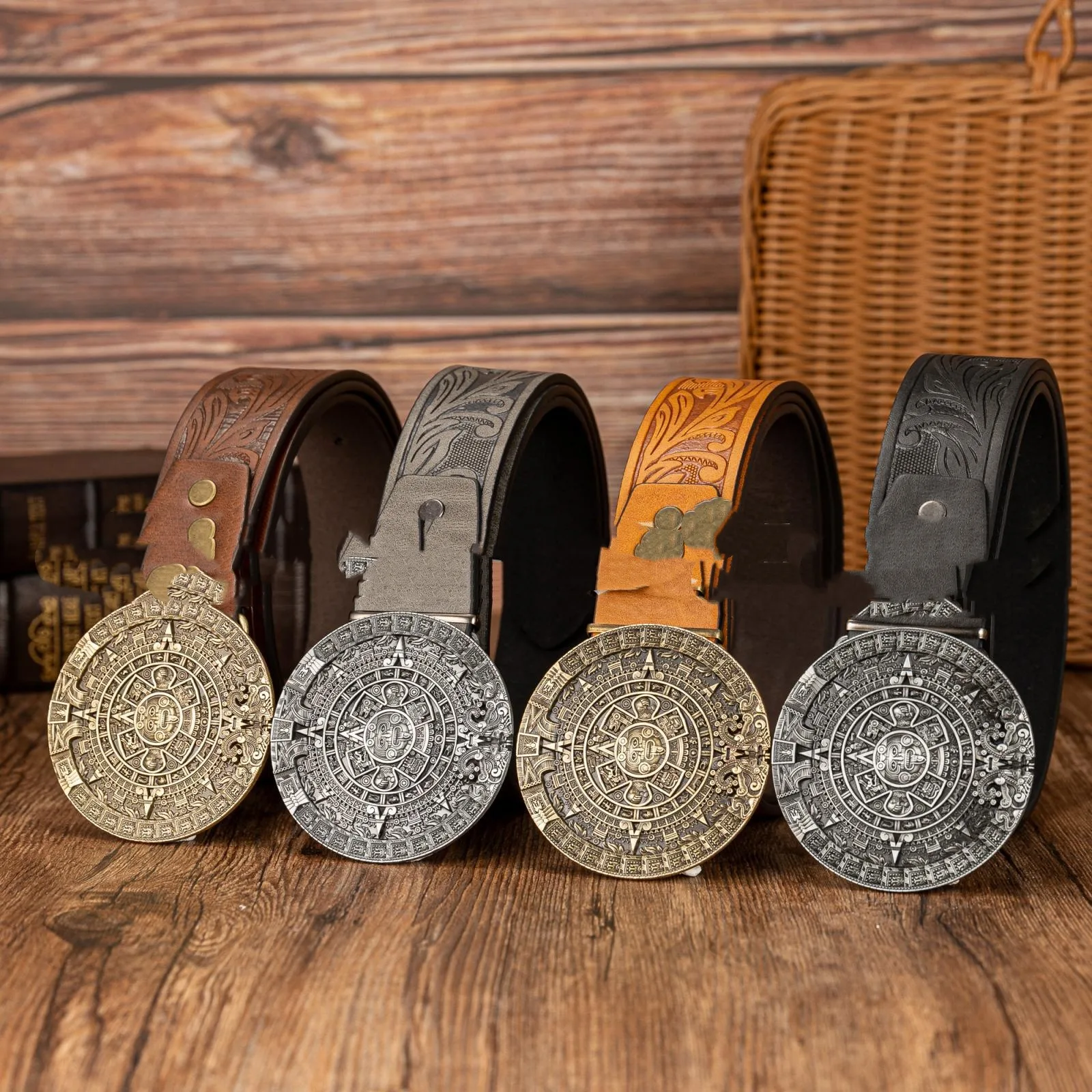 Aztec Sun Calendar Stone Buckle Retro PU Leather Belt