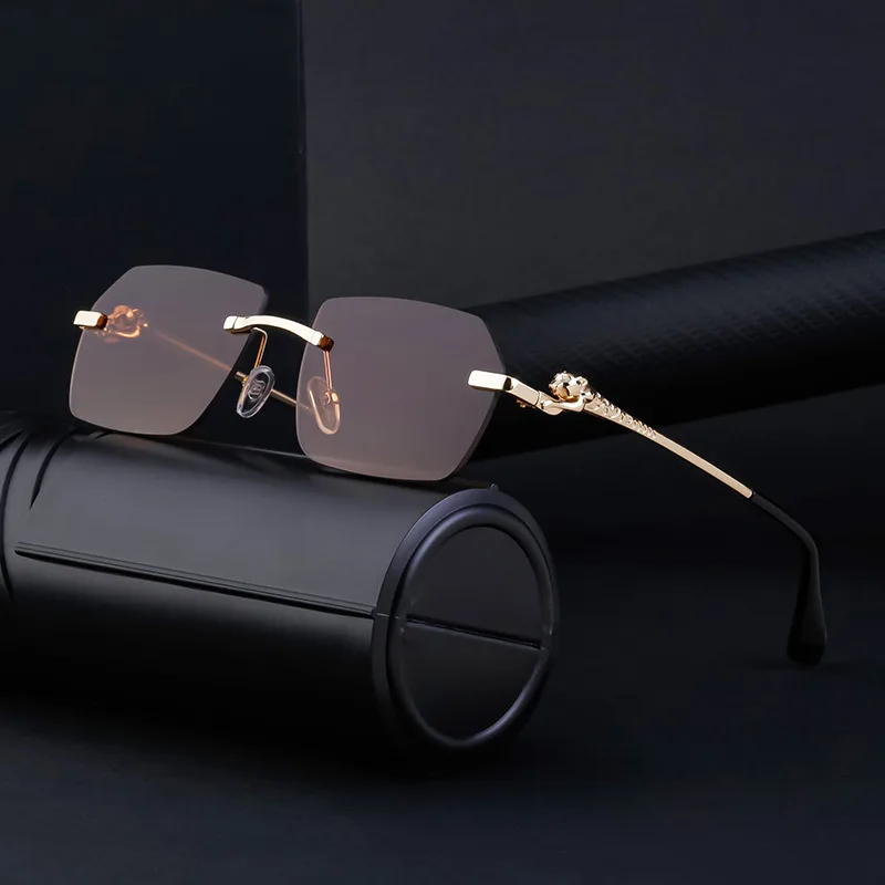 Frameless Trimming Leopard Temple Men Retro Square Frame Driving Sunglasses