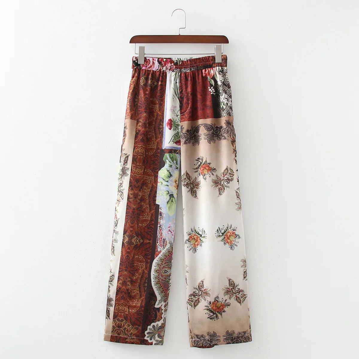 Elastic High Waist Printed Patchwork Slacks