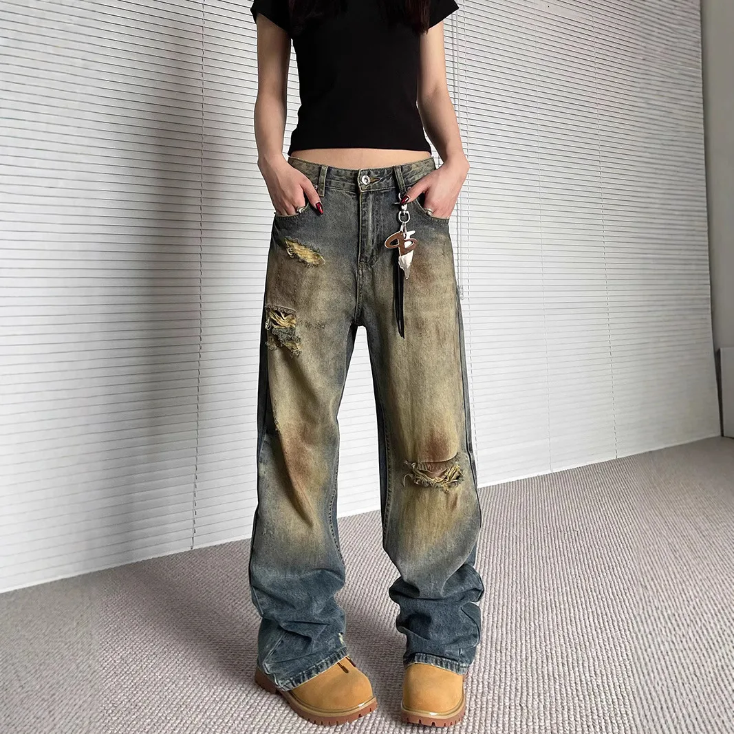 Niche Make Old Ripped Denim Fashion Brand Loose Straight Wide Leg Smart Trousers