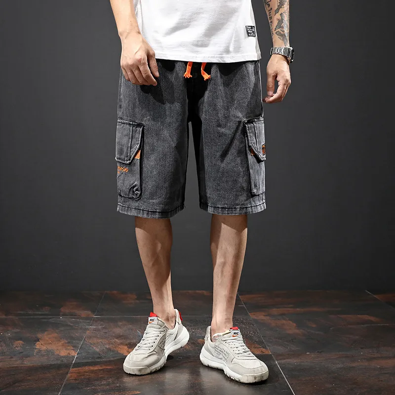 Trendy Versatile Elastic Waist Embroidered Multi-pocket Cropped Pants
