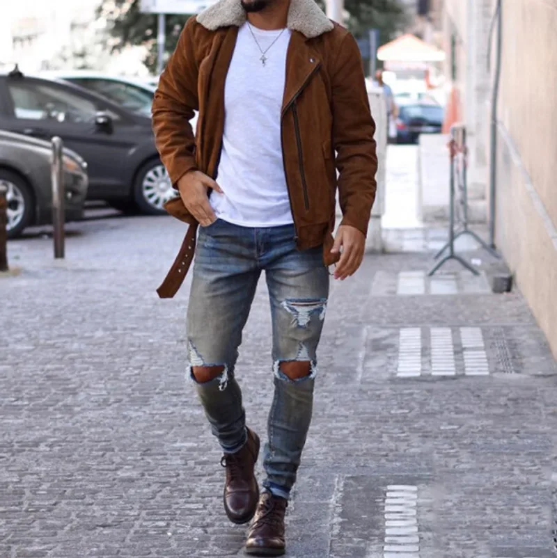 Jeans Men's Knee Ripped Pants Men's