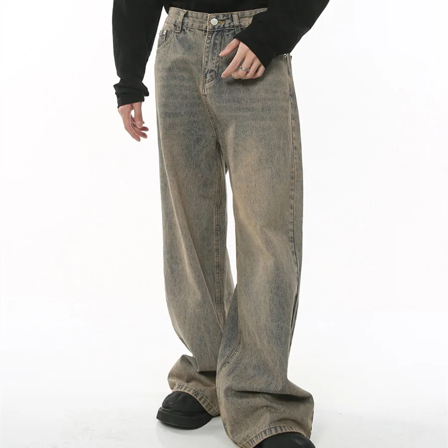 Men's Distressed Hong Kong Style Retro Loose Wide-leg Ins Denim Trousers