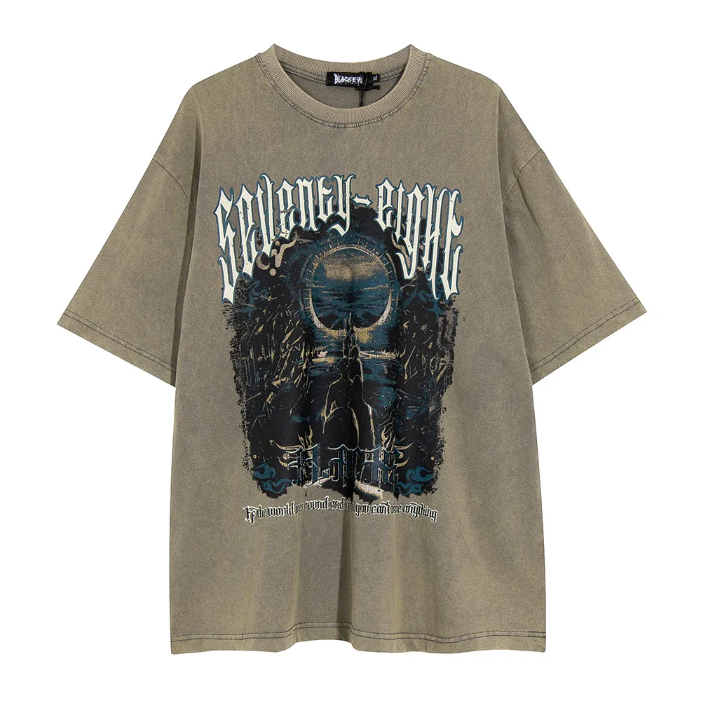 Dark Depressed Figure Washed And Worn Short Sleeve