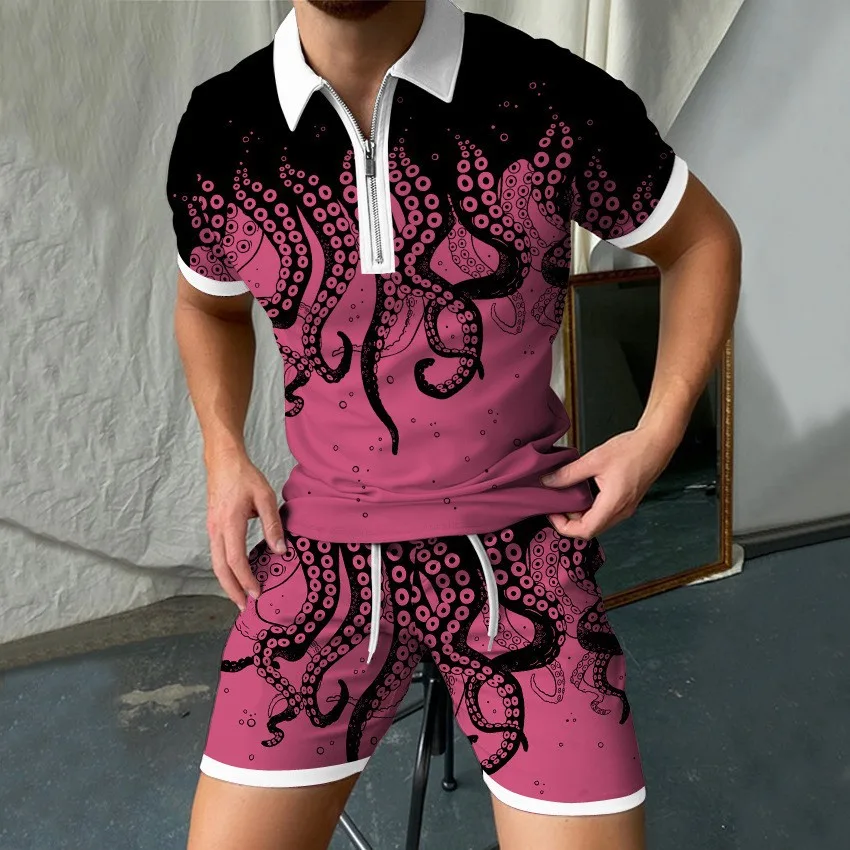 Vintage Men's Lapel 3D Digital Print POLO Shirt Set