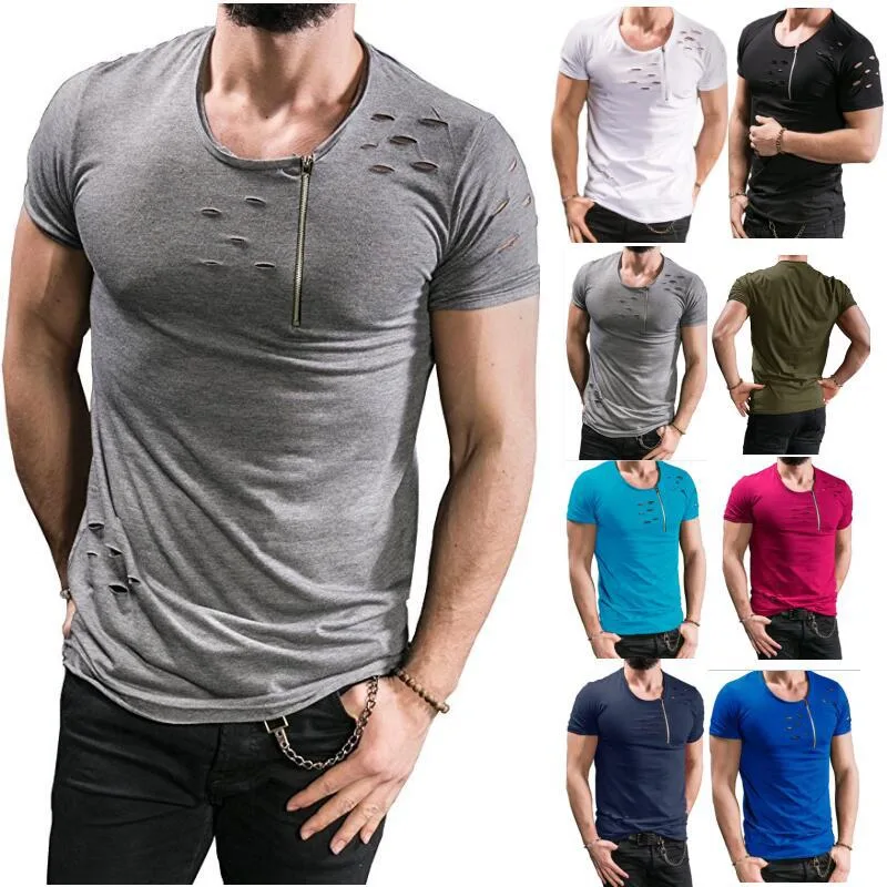 Men's Short-sleeved Zipper Decoration Torn T-shirt