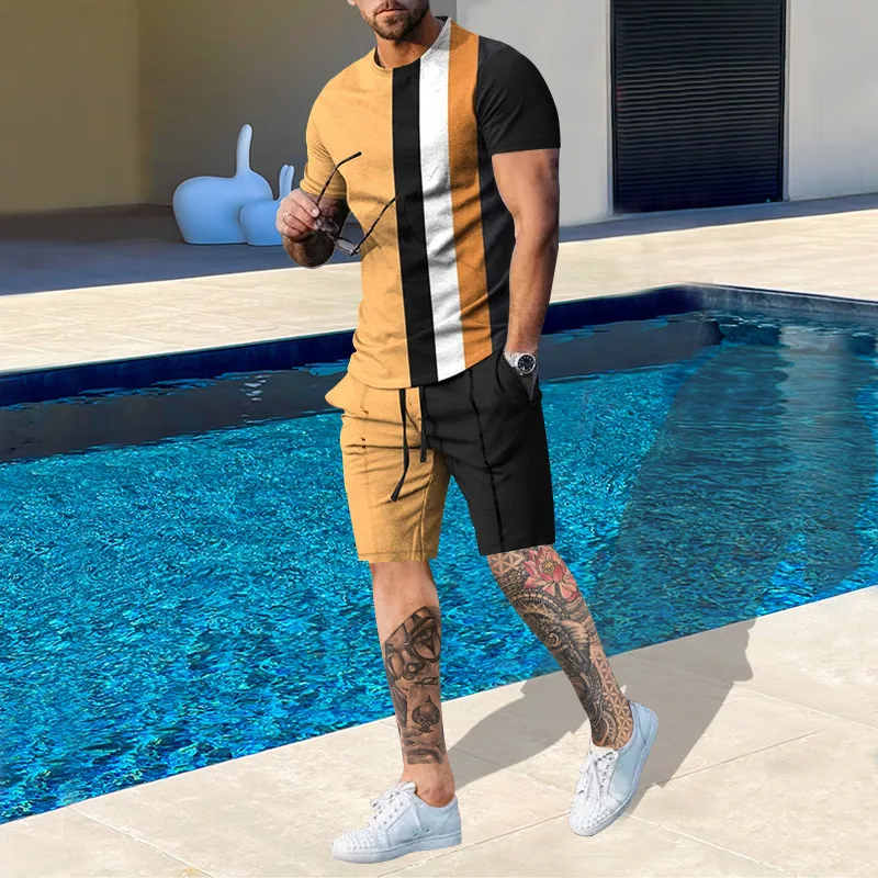 Men's Fashionable Colorful Striped Digital Printed Round Neck Short-sleeved Shorts Suit