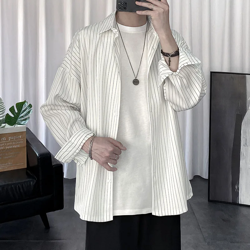 Short-sleeved Shirt Men's Striped Ruffian Handsome Black