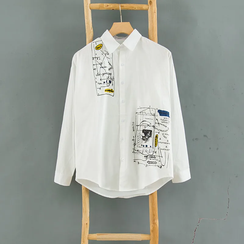 Hong Kong Style Graffiti Letter Print White Shirt Men