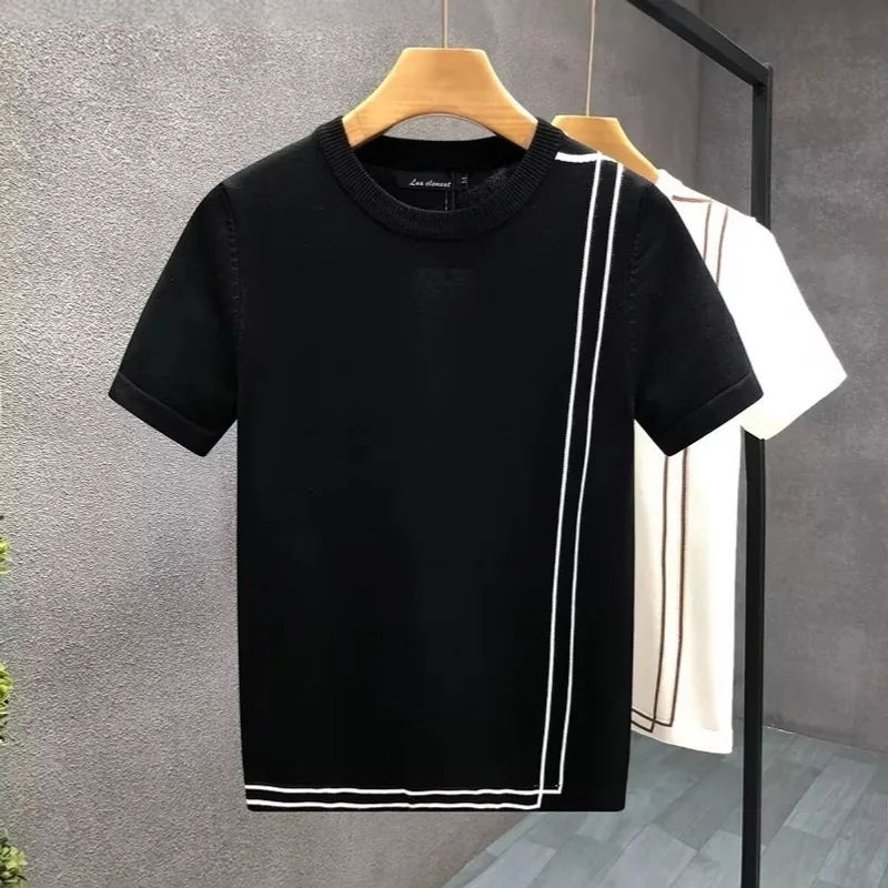 Striped Knitted Ice Silk Short Sleeve Men's Youth Slim Fit Summer High-end Retro T-shirt