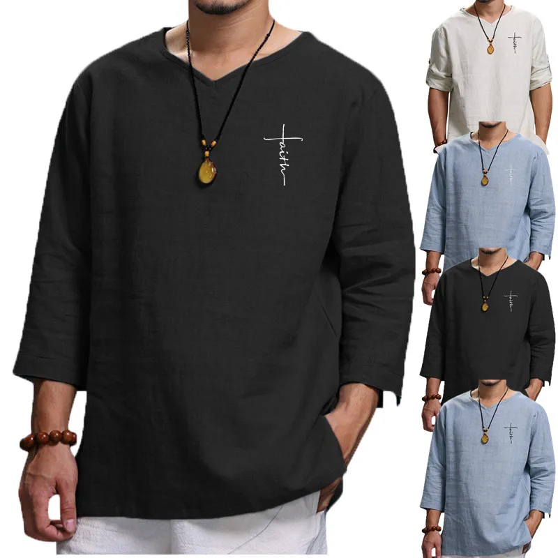 Men's Pullover Cotton Linen Solid Color Casual Loose