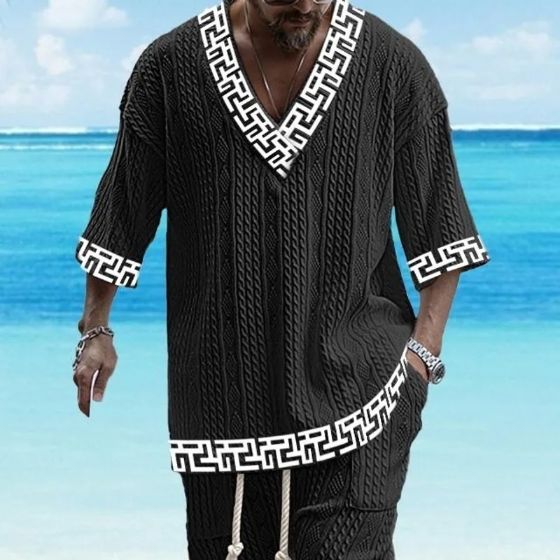 Summer 3D Printed Twist Fabric Casual Men's V-neck Suit