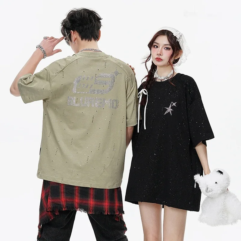 Starry Sky Hot Drilling Cut Street Fashion Raglan Sleeve Stitching Short Sleeve