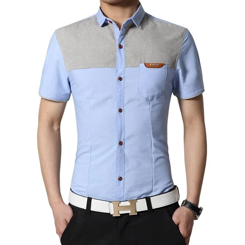 New Men's Short Sleeved Shirt Stitching Casual Fashion Denim Shirt