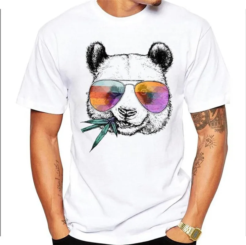 Fashionable Painted Panda Print Men's Short-sleeved White T-shirt Top