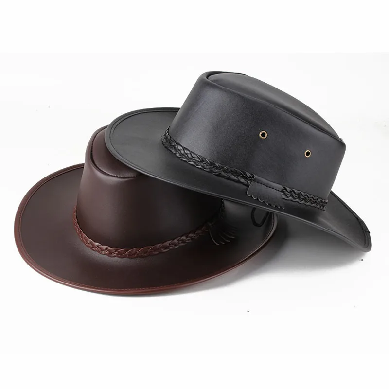 Solid Colour Leather Cord Large Brimmed Sun Visor Cowboy Hat