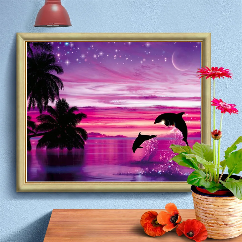Diamond Painting And Dolphin Landscape Mosaic Round Rhinestone Mosaic Home Decoration