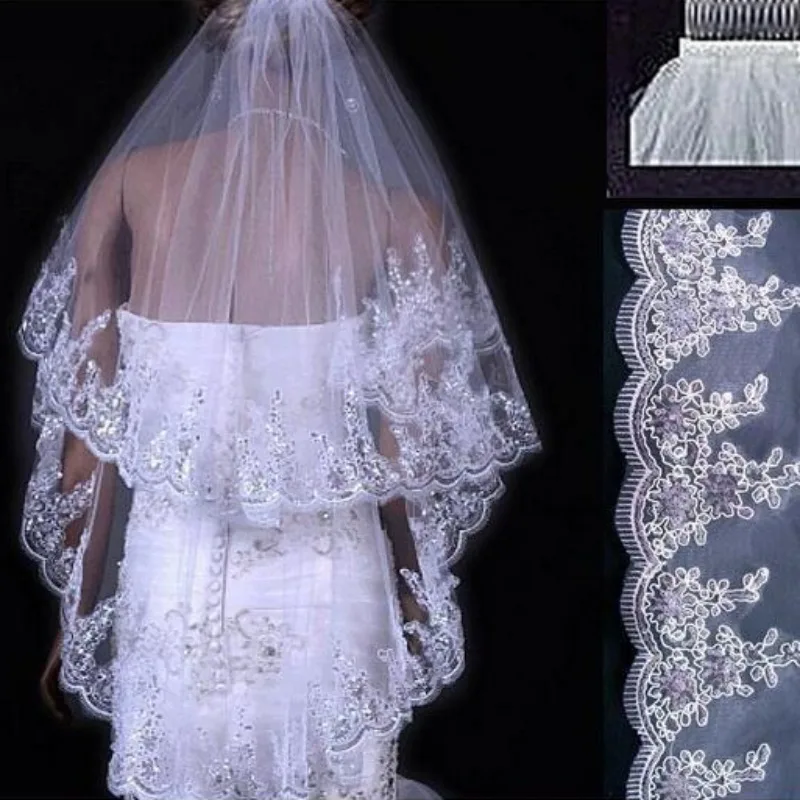 Two-layer Sequined Lace With Combed Bridal Veil