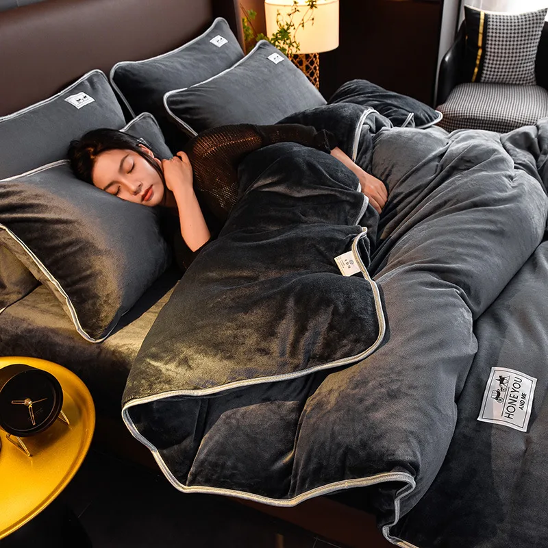 Pure Color Thickened Warm Milk Fiber Four-piece Set
