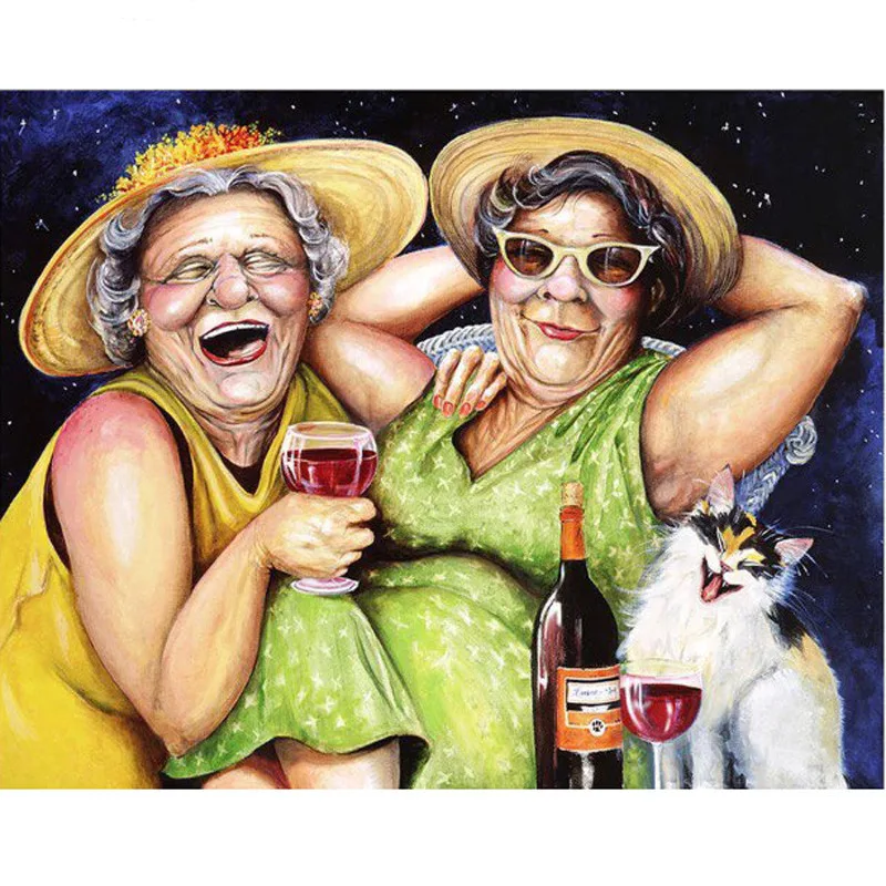 Full Circle And Square Embroidered Fat Old Lady And Cat Diamond Painting