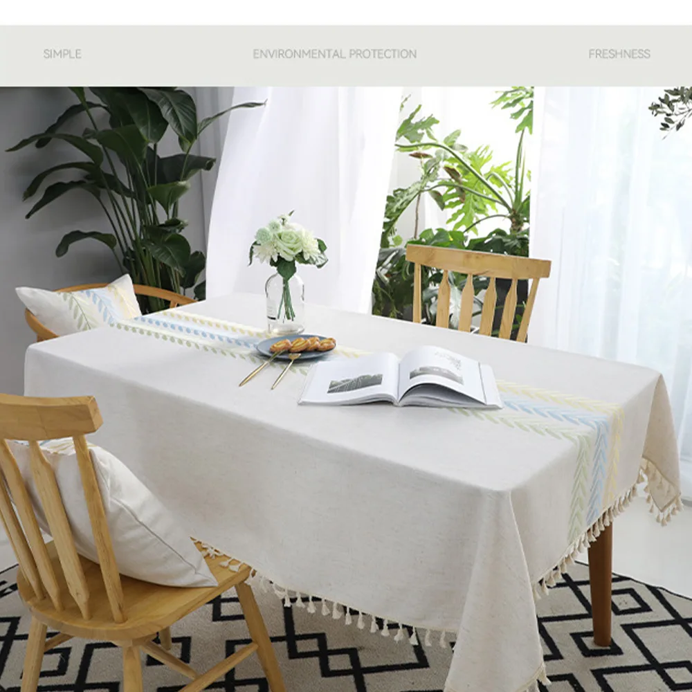 Cotton Linen Rectangular Tablecloth With Tassel Square Table Cloth Dust-Proof Table Cover For Room Decor Restaurant Kitchen Dinning Room Table Cover