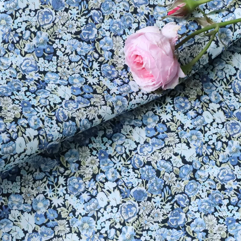 Small Blue Rose Floral 80 Pieces Flat Long Velvet Cotton Printed Fabric