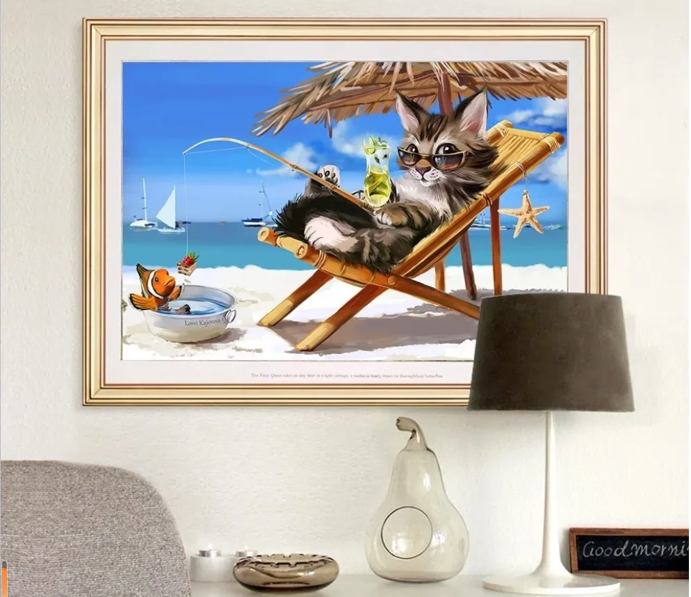 DIY Diamond Painting Of Hand-made Beach Fishing Cat