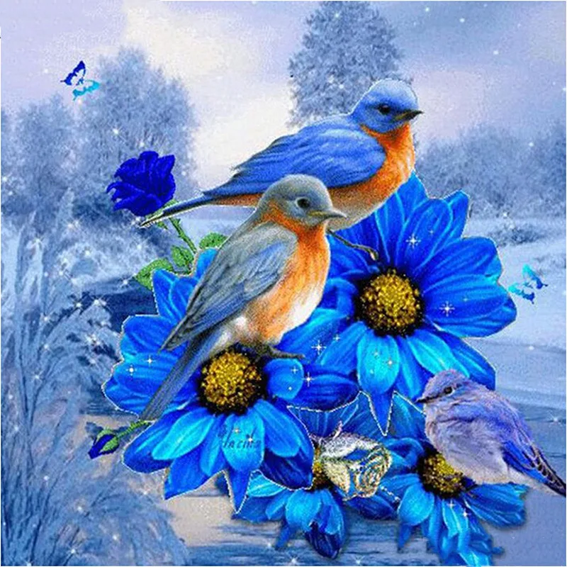 Diamond painting Blue Flowers and Birds, DIY