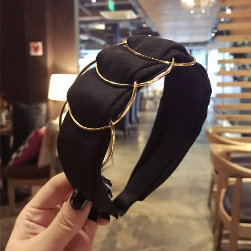 Hair Accessories Headband Women Fashion Golden Ring Cross Stitching Fabric Wide Side