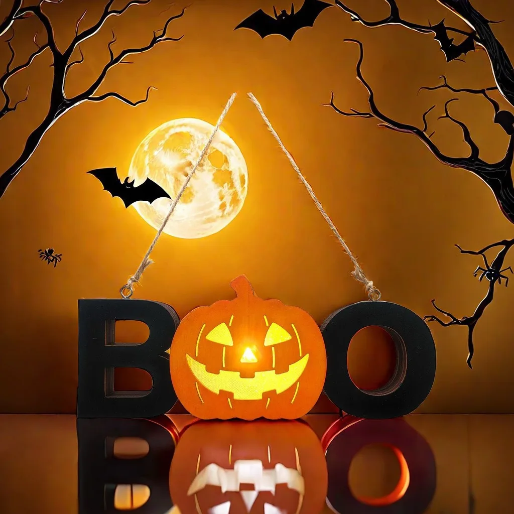 Halloween Wooden Craftwork Pendant Letter Light Holiday Atmosphere Wooden Decoration Pendant
