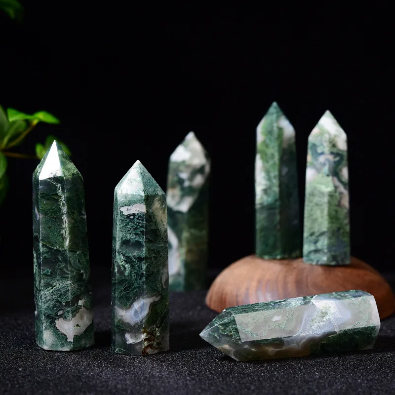 Natural Water Grass Agate Single Pointed Column With Hole Raw