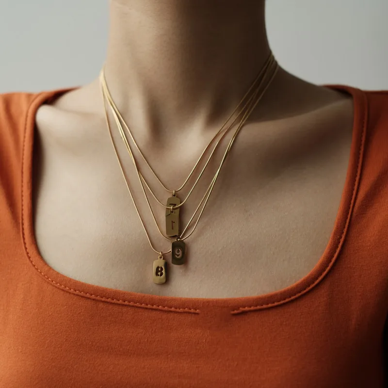 Lucky Number Stacked Square Brand Stainless Steel Necklace