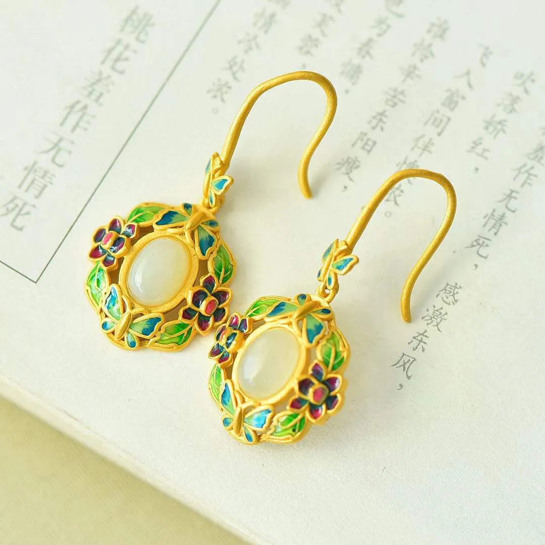 Natural Hetian Eardrops Women's 925 Sterling Silver Ancient Style Gilding Burnt Blue