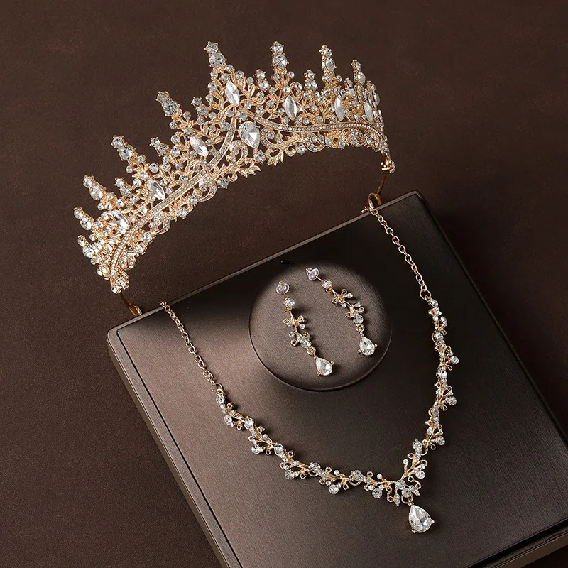 Crown Headdress Necklace Earrings Champagne Gold Vintage