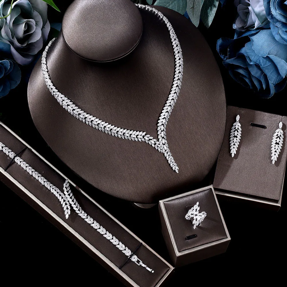 3A Zircon Jewelry Micro Set Full Crystal Necklace And Earrings 4 Piece Set For Weddings And Banquets