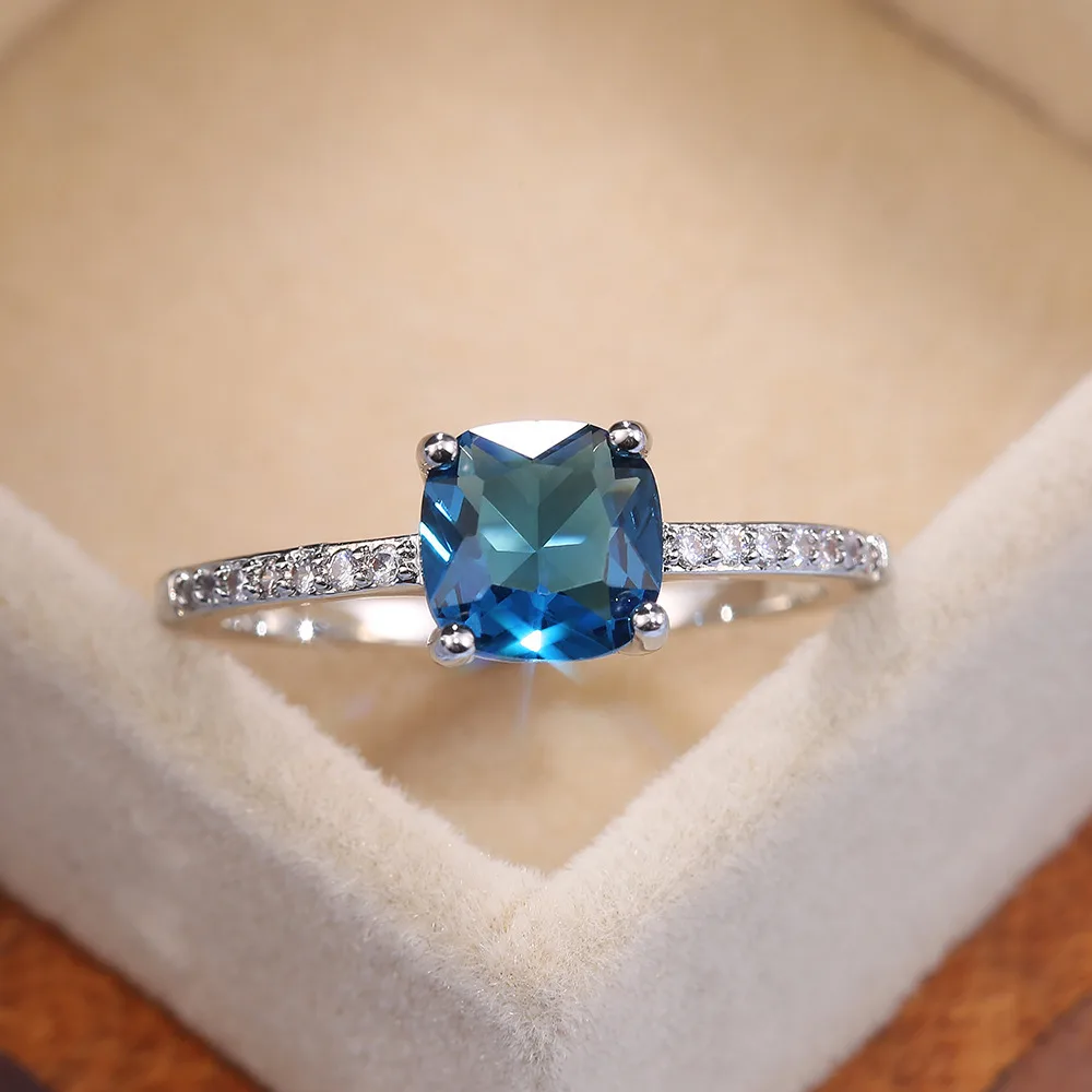 Micro-paved Zircon Royal Blue Square-cut Ring For Women