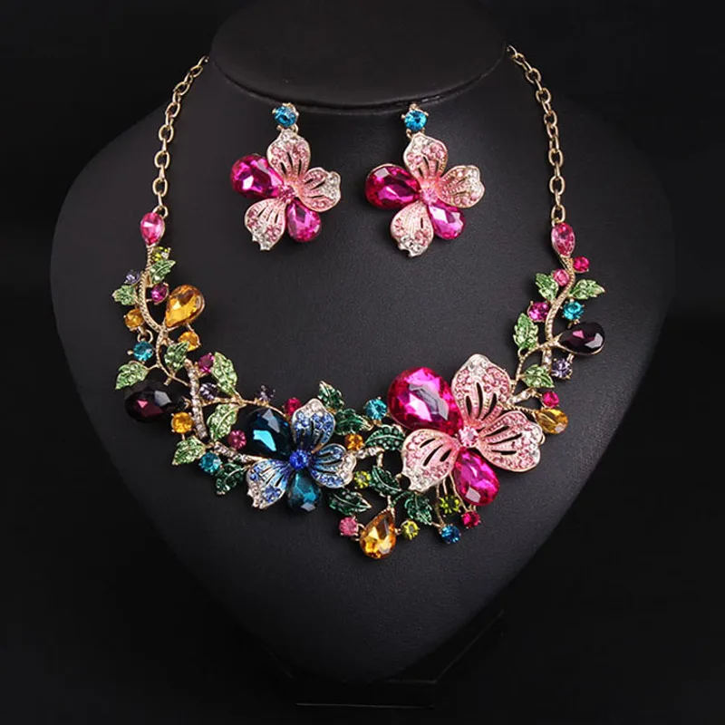 Colorful Flower Crystal Diamond Short Clavicle Necklace Earring Set