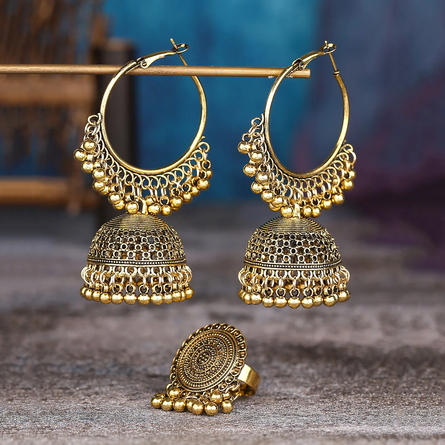 Retro Bohemian Ethnic Style Exaggerating Pendant Earrings Personality Ear Stud And Ring Set