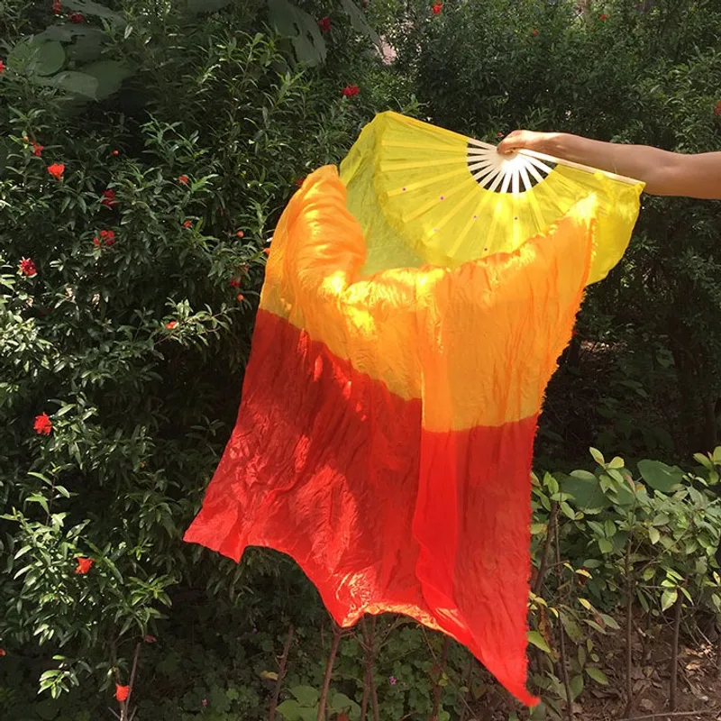Dance Fan Three-color Gradient Flame Lengthened Silk Fabric Koi Copy Dance Yangko Long