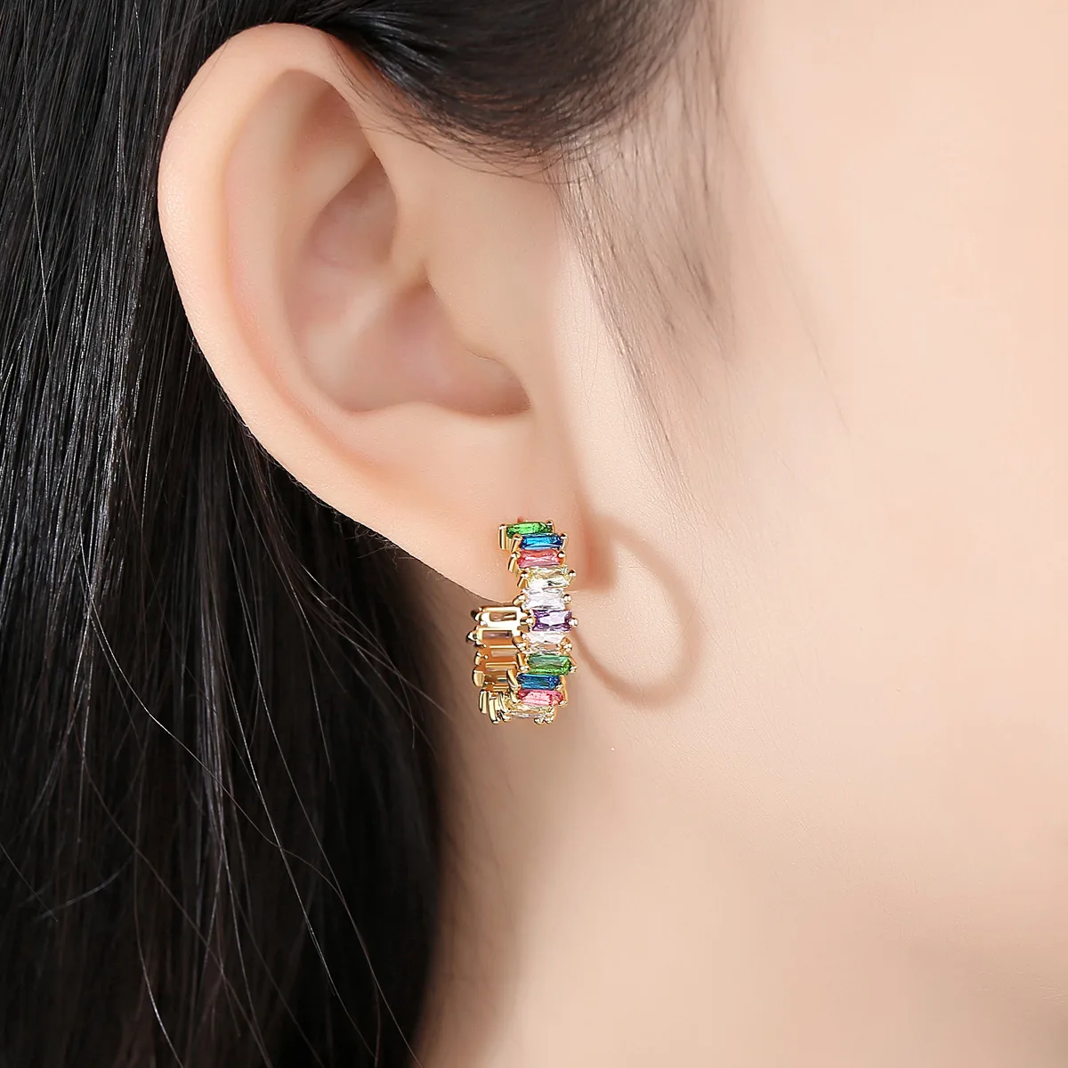 Colored Zircon Earrings C-Shaped Buckle