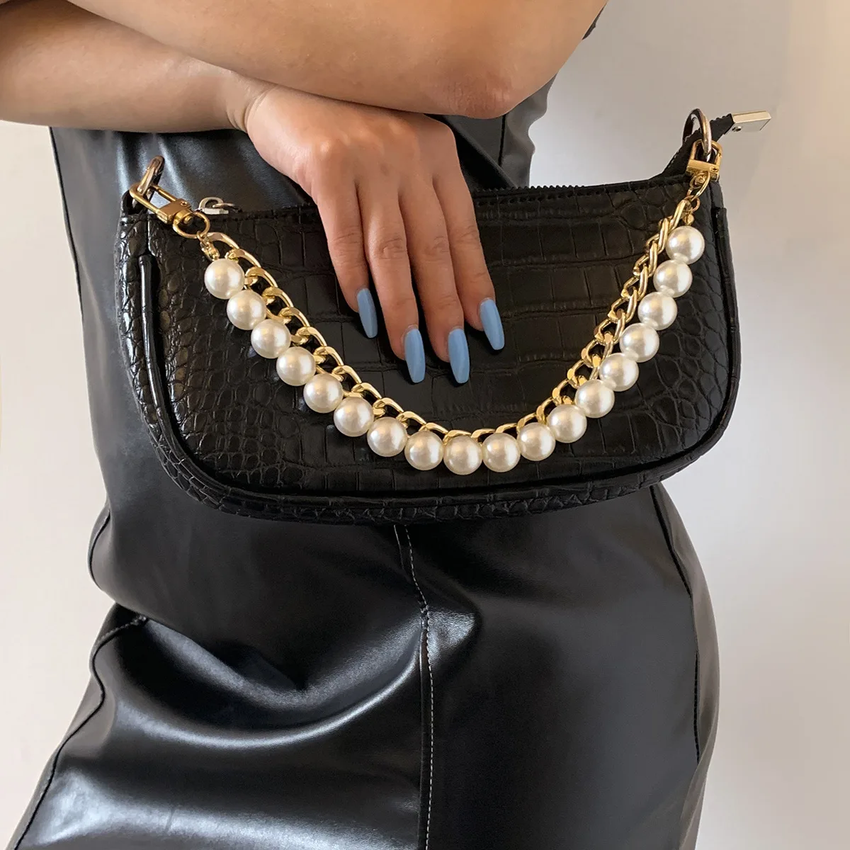 Women's Aluminum Chain Handbag Beaded Shoulder Chain