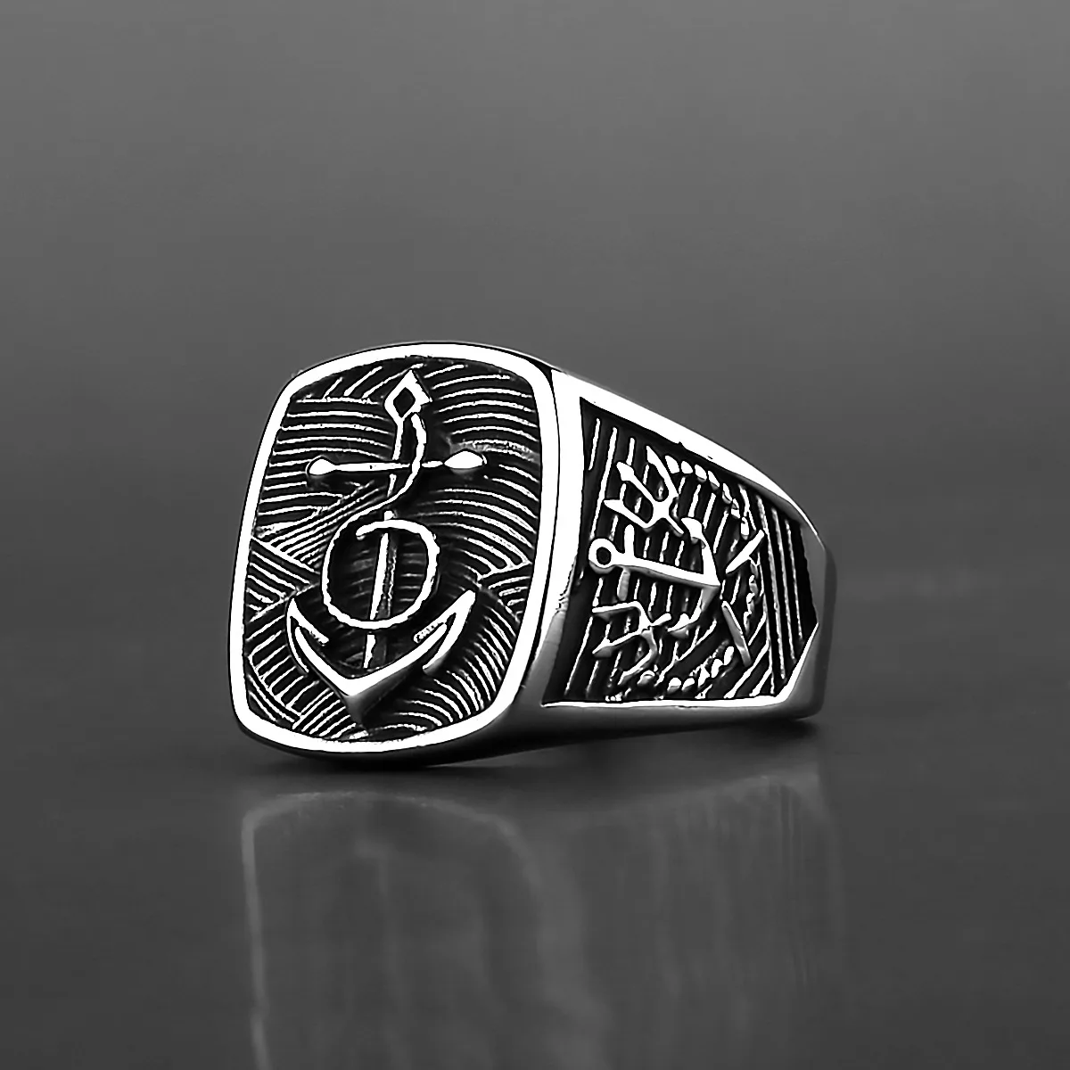 Nordic Viking Boat Anchor Titanium Steel Ring Pirate Compass Ring