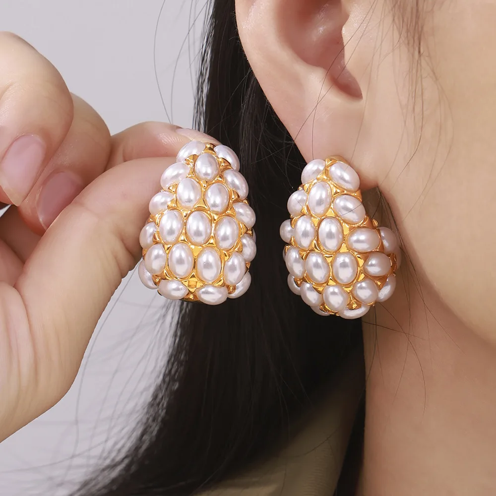 European And American Retro Drop Shape Inlaid Artificial Pearl Earrings