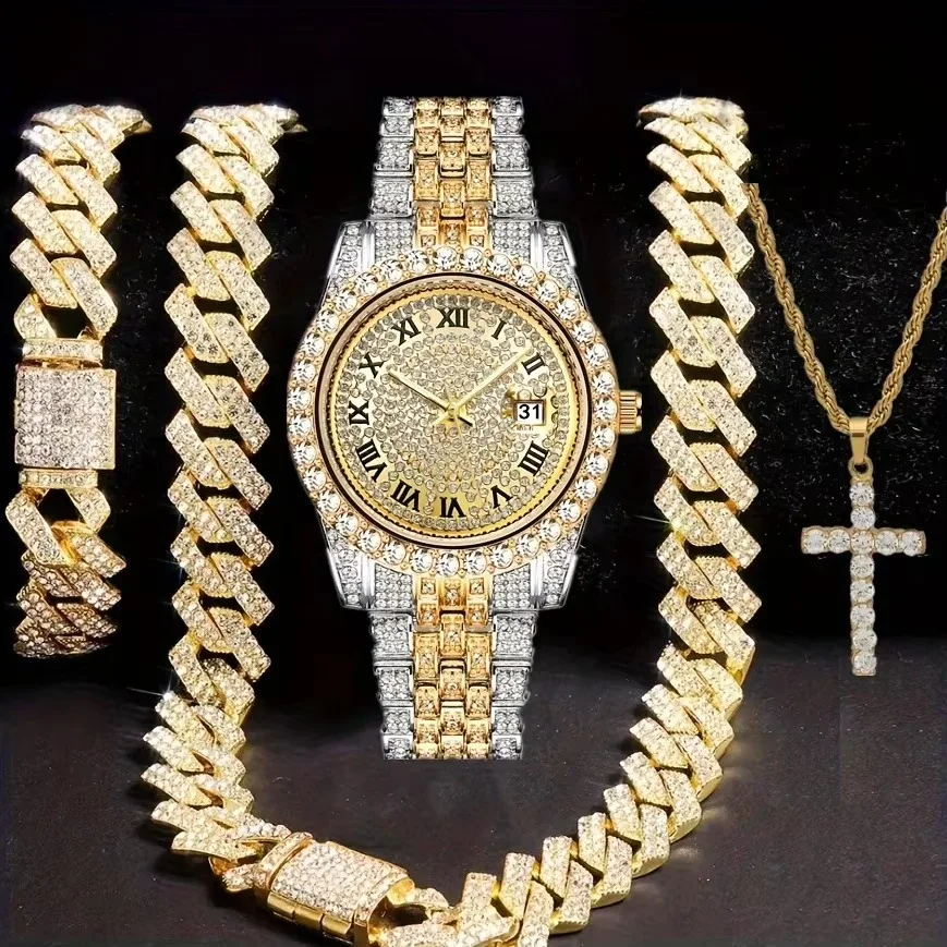Hip Hop Bracelet Necklace Diamond-embedded Watch Suit
