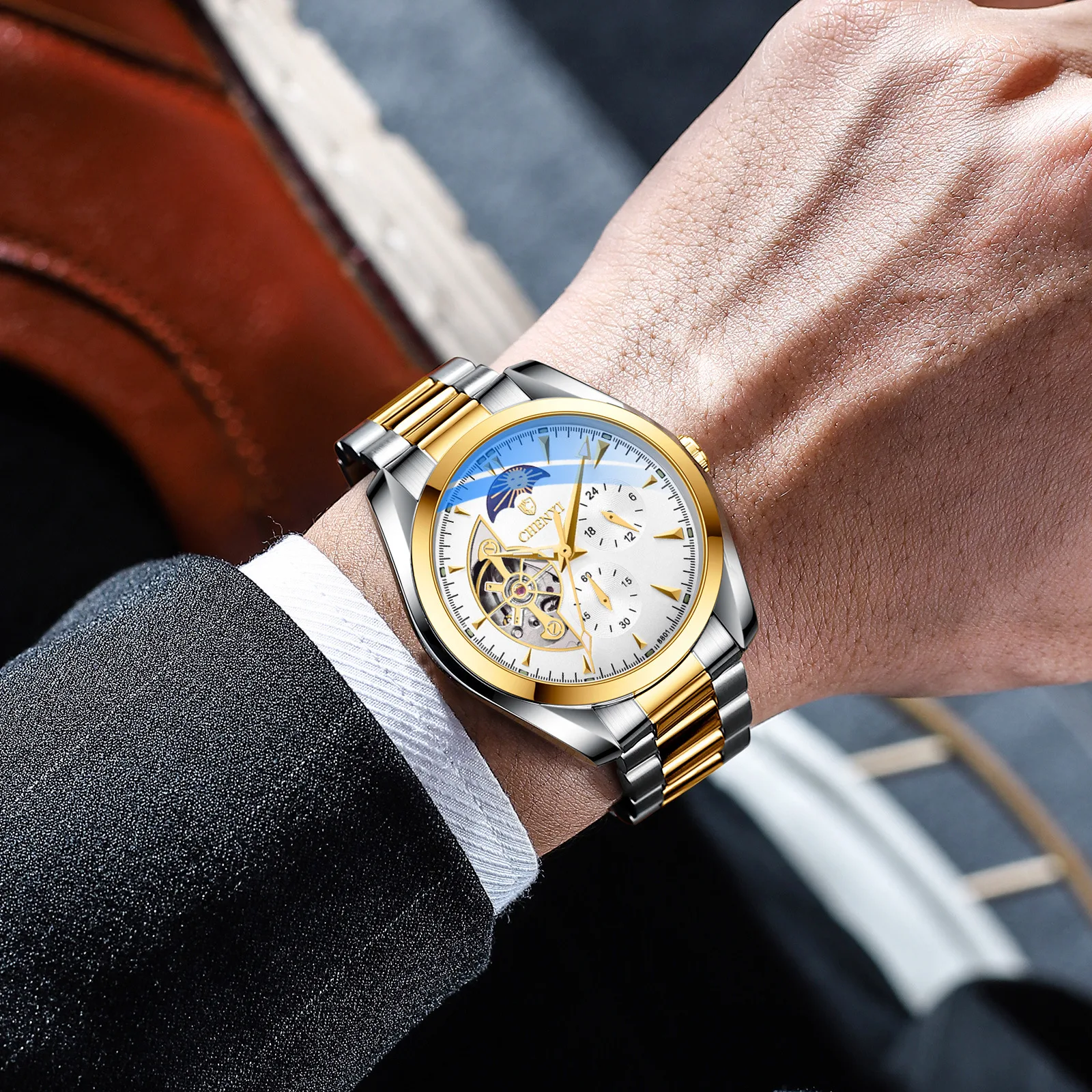 Men's Hand Waterproof Sun Moon And Stars Automatic Hollow Mechanical Watch
