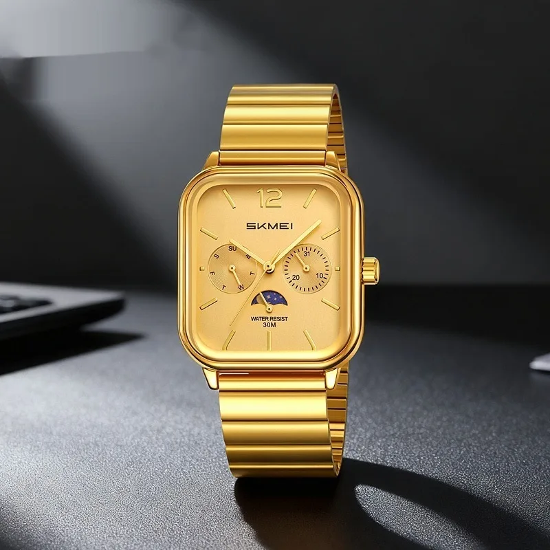 Stylish Multifunctional Square Watch With A Six-hand Moon Phase Display Designed For Business And Featuring Water Resistance
