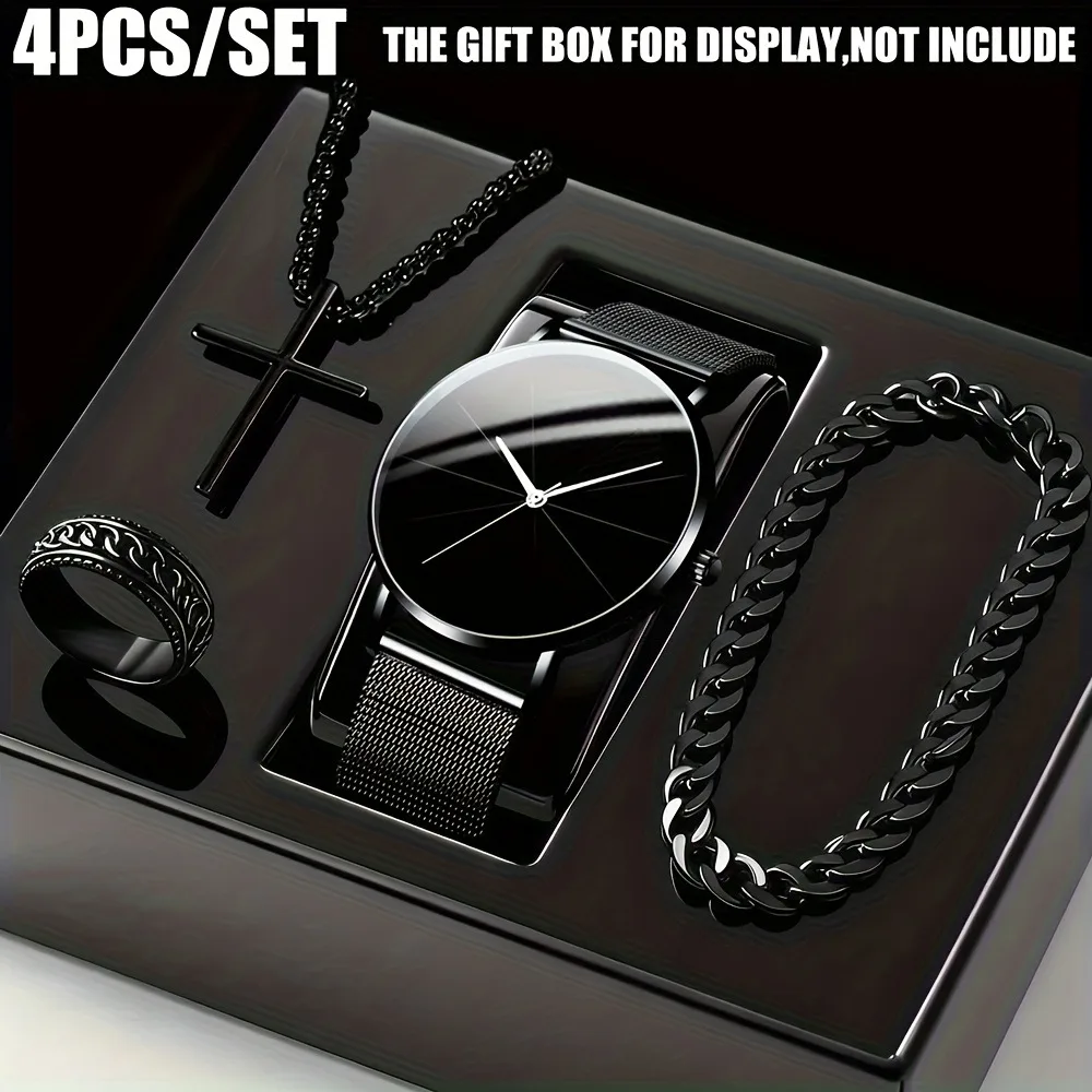 Men's Fashion Watch Ring Necklace Bracelet Set - Stainless Steel Jewelry Collection for Daily Wear