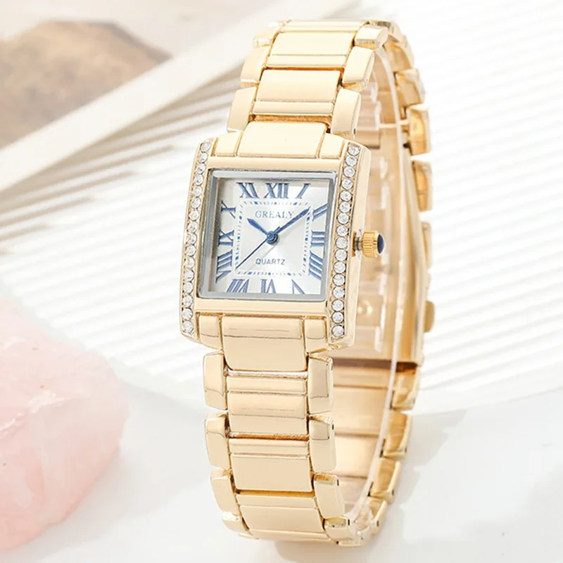 Fashionable Womens Watch Rectangular Timepiece With Roman Numerals And Diamond Accents