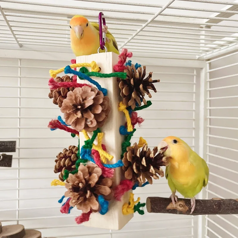 Solid Wood Parrot Toy Bird Stand Tearing Damage Relieving Stuffy Bite Wooden Square